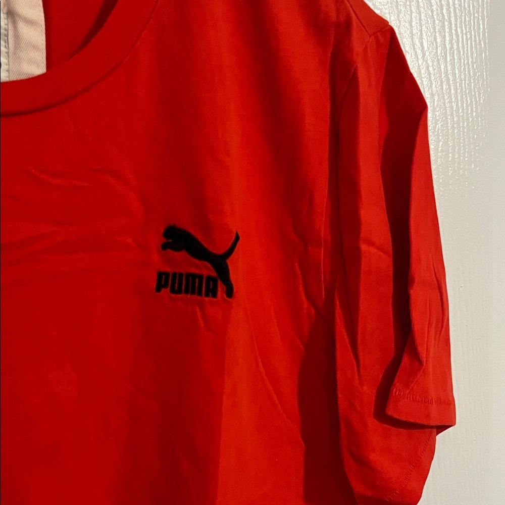 Puma Men's Red V-Neck Short Sleeve Tee 100% Cotton Athletic Sporty Blokecore - Picture 4 of 7